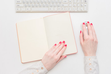 Female hands flipping through a notebook, background, copy space, for advertising, slogan, top view