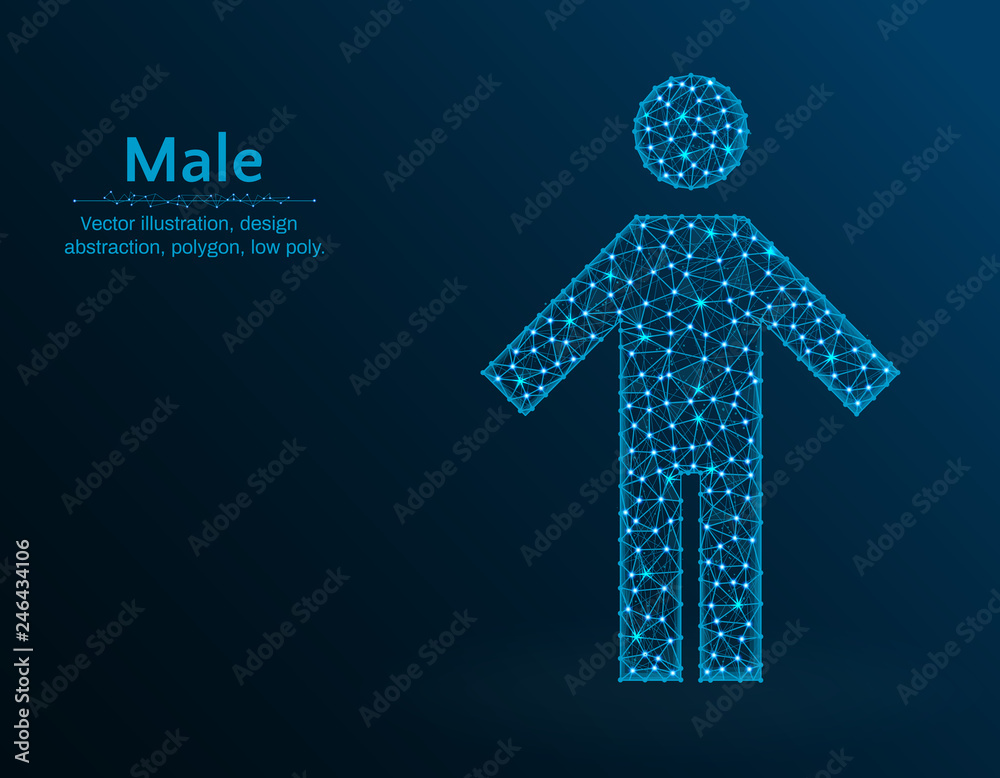 Poster male low poly vector illustration, man icon on blue background, abstract design illustration