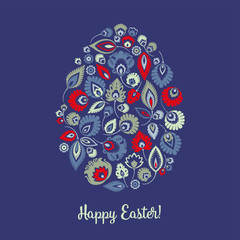 Happy Easter – kartka wielkanocna z tradycyjną wycinanką łowicką na granatowym tle - obrazy, fototapety, plakaty