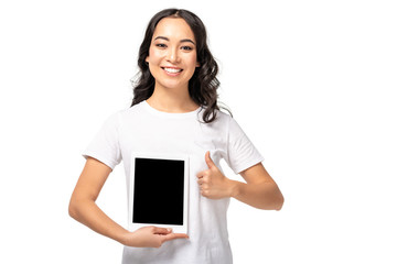 smiling woman holding digital tablet with blank screen and showing ok gesture isolated on white