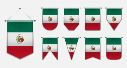 Set of hanging flags of the MEXICO with textile texture. Diversity vertical isolated 3D shapes of the national flag of country.Vertical Template pennant for background, banner, web, award, festival. 
