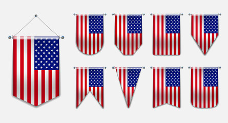 Set of hanging flags of the USA with textile texture. Diversity vertical isolated 3D shapes of the national flag of country.Vertical Template pennant for background, banner, web, award, festival. EPS