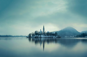 Winter Morning at Beautiful Bled Lake National Park Slovenia