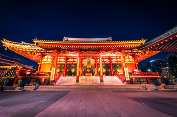 Sensoji is an ancient Buddhist temple at night in Asakusa, Tokyo, Japan.