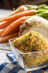 Seasoning spices condiment vegeta from dehydrated carrot parsley celery parsnips and salt with or...