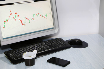 Close-up - desk with a phone and a cup of coffee
