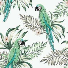 Macaw green parrots, palm leaves, plumeria flowers, light background. Vector floral seamless pattern. Tropical illustration. Exotic plants, birds. Summer beach design. Paradise nature