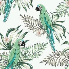 Wall murals Parrot Macaw green parrots, palm leaves, plumeria flowers, light background. Vector floral seamless pattern. Tropical illustration. Exotic plants, birds. Summer beach design. Paradise nature