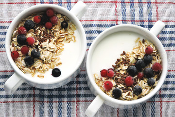 Healthy breakfast or dessert with dairy yogurt, seeds and berries. Superfoods Food for healthy skin and wellness. The concept of breakfast for weight loss. Fermented dairy products.