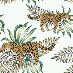Obraz premium Tropical leopard animal, palm leaves, light background. Vector seamless pattern. Graphic illustration. Exotic jungle animals and plants. Summer beach design. Paradise nature