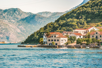 View of the Kamenari - Lepetani ferry service in the Bay of Kotor, Montenegro.