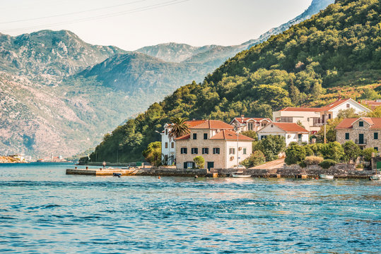 View of the Kamenari - Lepetani ferry service in the Bay of Kotor, Montenegro.