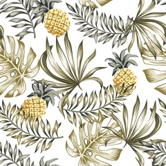 Keuken foto achterwand Ananas Tropisch gele ananas, beige print van palmbladeren. Vector naadloos patroon. Jungle afbeelding achtergrond. Exotische planten en fruit. Zomer strand bloemmotief. Paradijs natuur