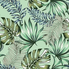 Tapeten Tropische Palmblätter, mintgrüner Hintergrund. Vektor nahtlose Muster. Dschungellaubillustration. Exotische Pflanzen. Blumenmuster am Sommerstrand. Paradies Natur © ojardin