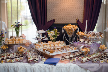 Buffet table with sweets and desserts on the table. Wedding candy bar with delicious cupcakes, cake pops, biscuits, flowers.
