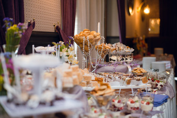 Buffet table with sweets and desserts on the table. Wedding candy bar with delicious cupcakes, cake pops, biscuits, flowers.