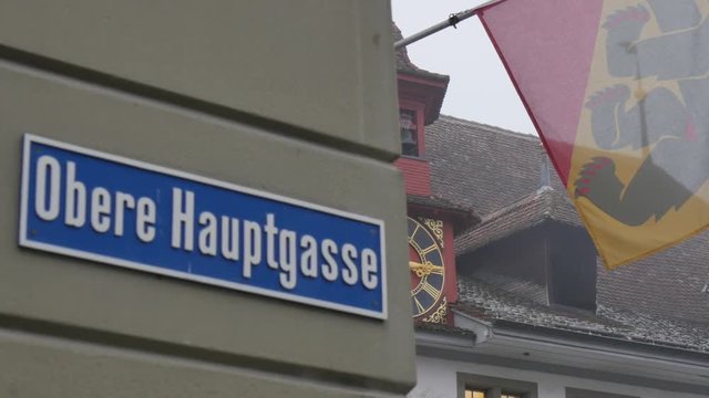 Street sign and architecture on Rathausplatz, Thun, Jungfrau region, Bernese Oberland, Swiss Alps, Switzerland, Europe
