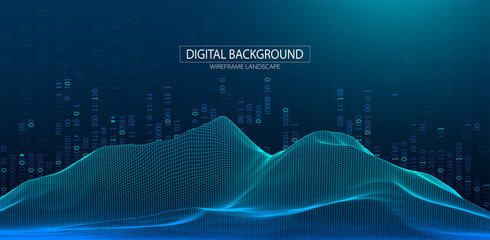 Wireframe landscape background. Futuristic vector illustration.