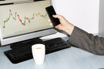 Close-up - desk with a phone and a cup of coffee