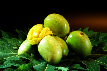 Group of fresh local mango tropical fruits of Thailand on papaya leaf with black background.have some space for write wording