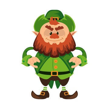 Leprechaun cartoon character or angry green dwarf vector illustration for Saint Patrick Day 17 march traditional Irish folklore Celtic mythology culture with hat isolated on white background