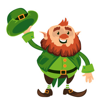 Leprechaun cartoon character or funny green dwarf vector illustration for Saint Patrick Day 17 march traditional Irish folklore Celtic mythology culture with hat isolated on white background