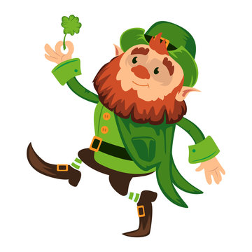 Leprechaun cartoon character or funny green dwarf vector illustration for Saint Patrick Day 17 march traditional Irish folklore Celtic mythology culture with hat and shamrock on white background