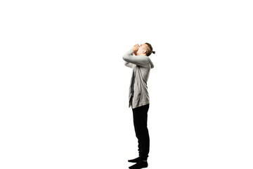 stylish man shows hands up gesture shouting out loud on white background