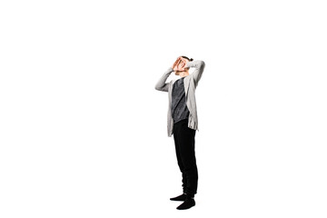stylish man shows hands gesture hears nothing on white background