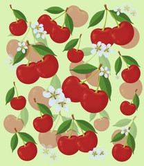 Cherry pattern with leaves and flowers, on a light background.