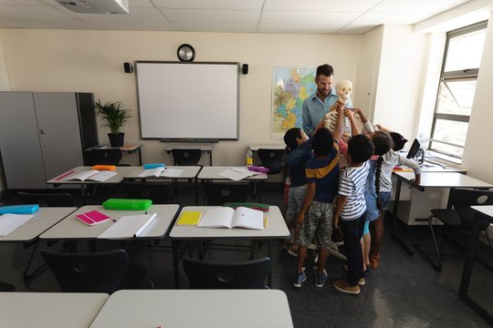 Far sight of schoolkids learning anatomy of human skeleton in
