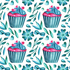Watercolor seamless romantic pattern in pink and turquoise colors with hearts, cupcakes, flowers and leaves. Beautiful seamless background for Valentine's Day design