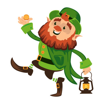 Leprechaun cartoon character or funny green dwarf vector illustration for Saint Patrick Day 17 march traditional Irish folklore Celtic mythology culture dancing with lantern on white background