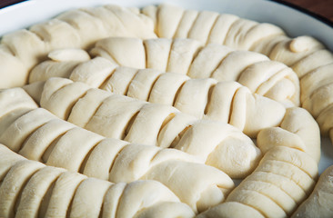 Close up of homemade unbaked croissants