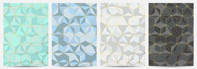 Set of f geometric vector A4 covers with gold strokes. Triangle pattern with multiple colors 