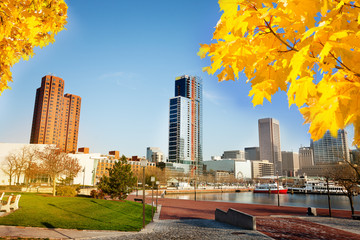Scenic view of Baltimore Inner Harbor in autumn