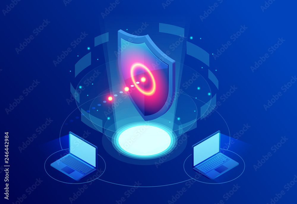Poster isometric protection network security and safe your data concept. web page design templates cybersec