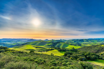 Panorama of rolling pasture hills