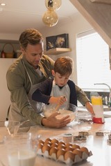 Father with his son preparing food in kitchen