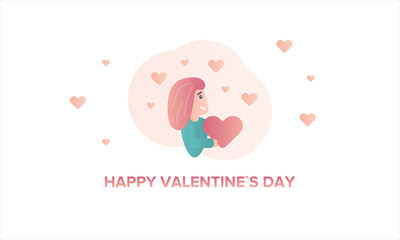 Happy Valentines Day. Girl in love holding a heart. Character flat illustration. Cartoon vector