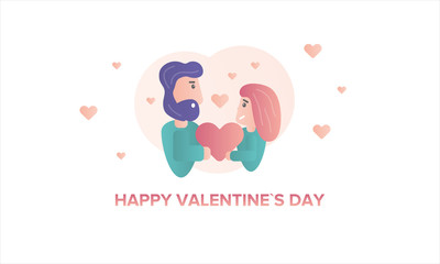 Happy Valentines Day. A pair of lovers, a man and a girl, holding a heart in their hands. Character flat illustration. Cartoon vector