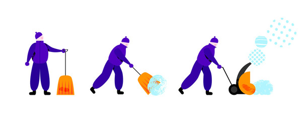 Janitors removing snow with machine and spade