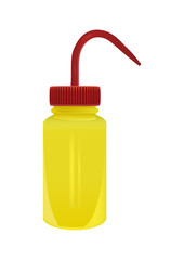 Plastic laboratory yellow wash bottle for chemistry and science lab. Laboratory equipment for spraying water and solvents. Wash bottle is isolated on a white background.