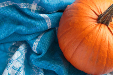 Fresh farmer pumpkin on the blue cotton tablecloth