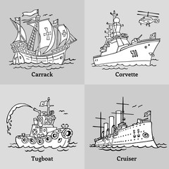  Vector illustration of outline boats. Coloring book with ships. Carrack, tugboat, cruiser and corvette.