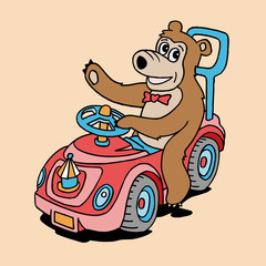 Vector illustration of happy bear on the car. Coloring book with toy.