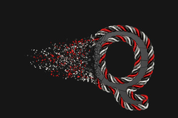 Fototapeta premium Shattering letter Q 3D raster illustration. Twisted letter with explosion effect on dark background. Isolated design element.