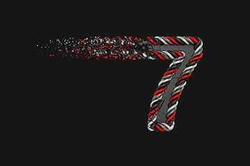 Shattering number 7 3D raster illustration. Twisted number with explosion effect on dark background. Isolated design element.