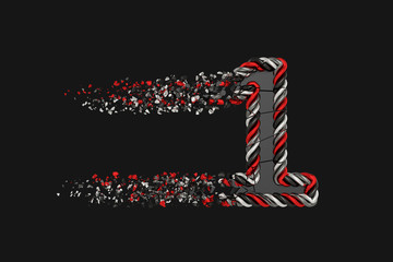 Shattering number 1 3D raster illustration. Twisted number with explosion effect on dark background. Isolated design element.
