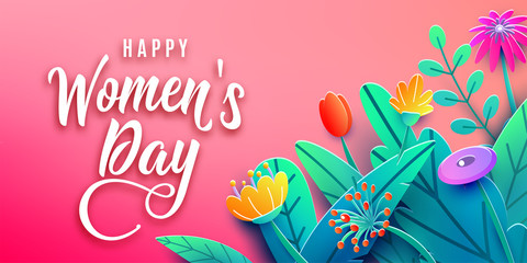 International Womens Day banner with fantasy paper cut flowers, leaves, handwritten font greeting text. Corner composition, origami design. Vector illustration